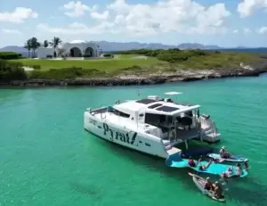 Grand Case beach with a boat from Pyratz anchored