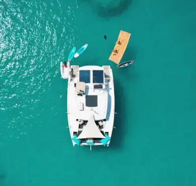 Motor catamaran from Pyratz as seen from a drone view