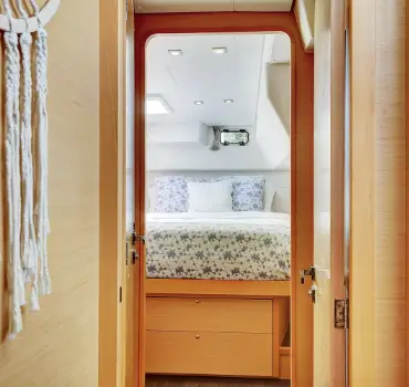 View of the inside of the sailing catamaran Amari, with a little detail of the bedroom of the boat