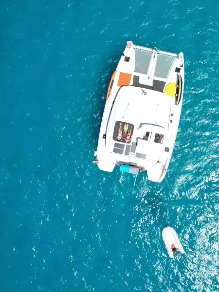 Motor catamaran Galaxy as seen from a zenital drone shot