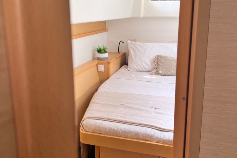 One of the cabins on the catamaran where guests sleep during our overnight boat charters