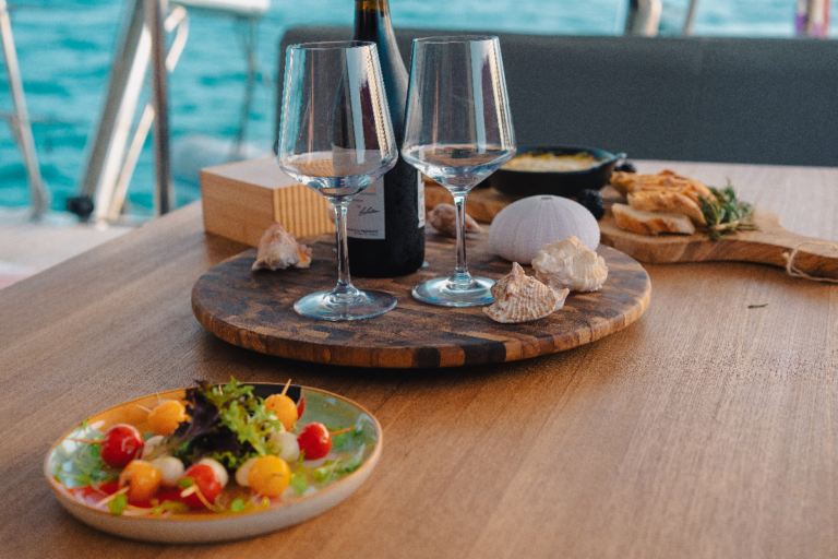 Tapas, food and wine served during our sunset tapas boat tour in Anguilla