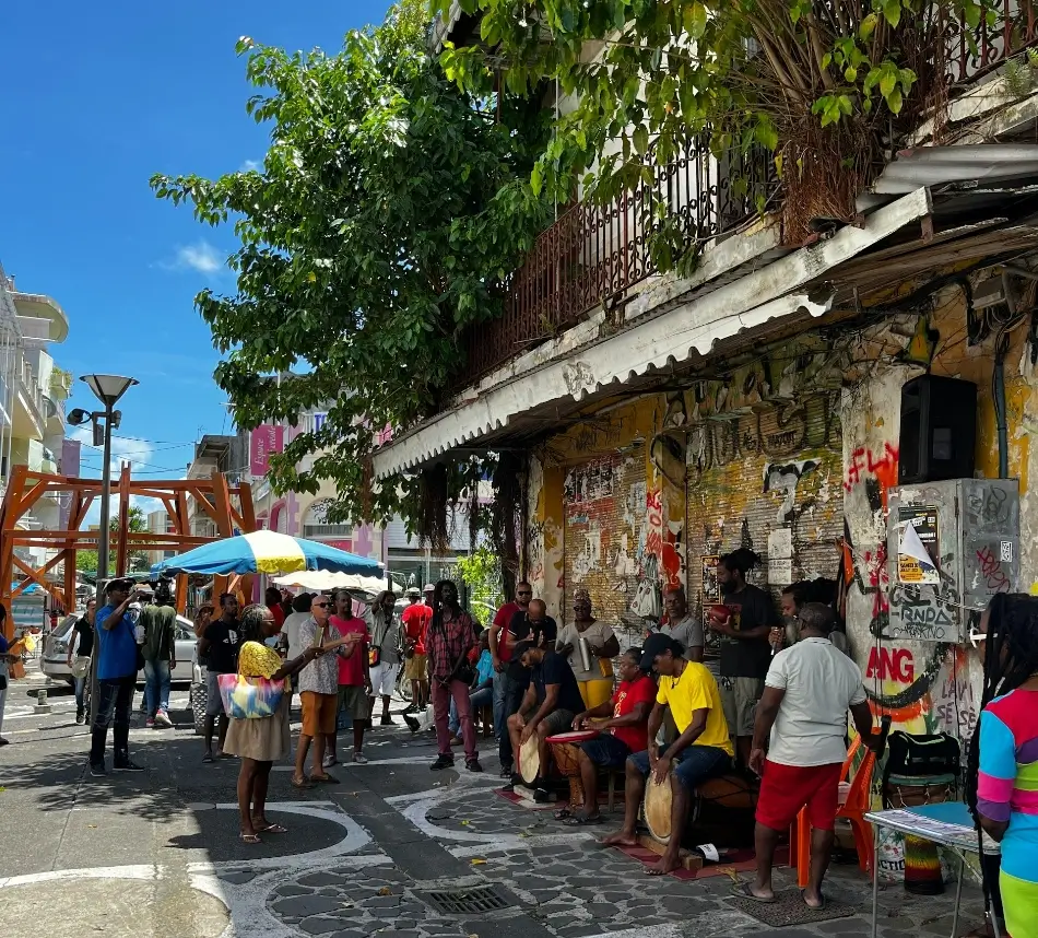 Streets of Guadeloupe with musicians