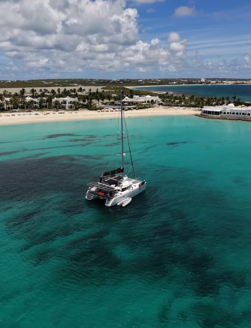 Our sailboat as seen from a drone shot, anchored at Maundays Bay